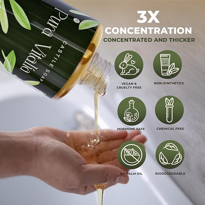 Pura Vitalia Unscented Organic Castile Soap | Body Wash & Cleanser for Face & Hands | Biodegradable, Eco-Friendly, Palm Oil Free, Vegan & Gentle | Made with 6 Natural Ingredients | 32 oz