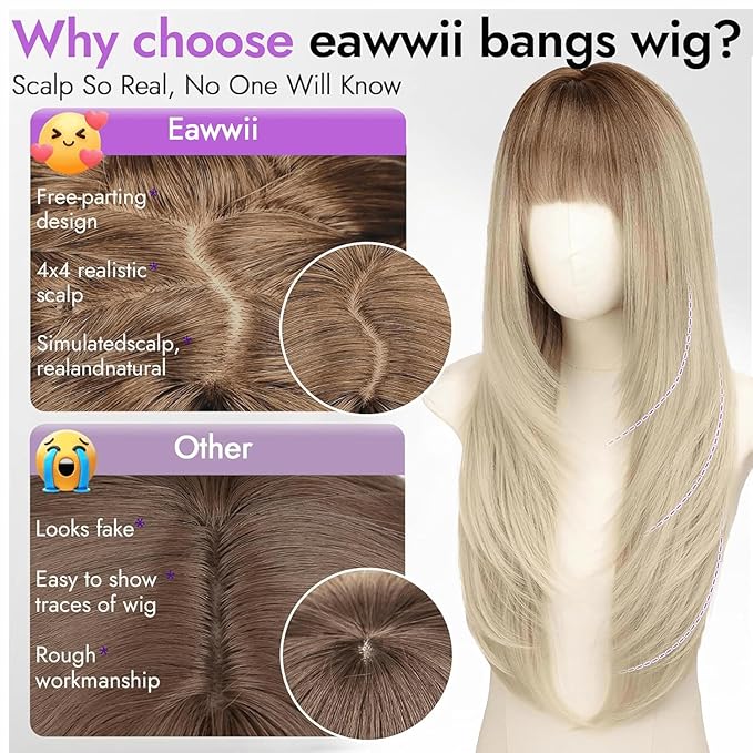 Long Dark Brown Rooted Platinum Wig with Bangs for Women,4x4 Realistic Scalp,Free Parting,Layered Hairstyle Synthetic Heat Resistant for Daily Party Use 26 inch