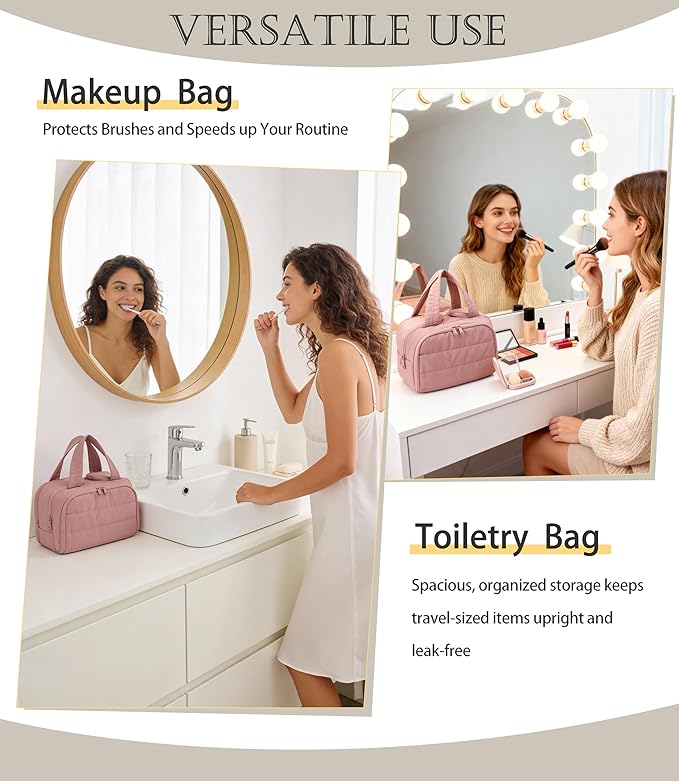 BUZFOWU Travel Toiletry Bag for Women, Large Wide-open Puffy Cosmetic Makeup Bag with Wet-Dry Separation, Multi-Pocket Organizer with Carry Handle for Toiletries, Cosmetics, Essentials, Dark Pink