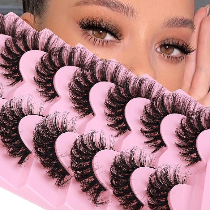 JIMIRE Cat Eye Lashes with Glue Wispy False Eyelashes with Eyelash Glue Kit Russian Strip Lashes D Curl Mink Lashes Fluffy 7 Pairs Pack