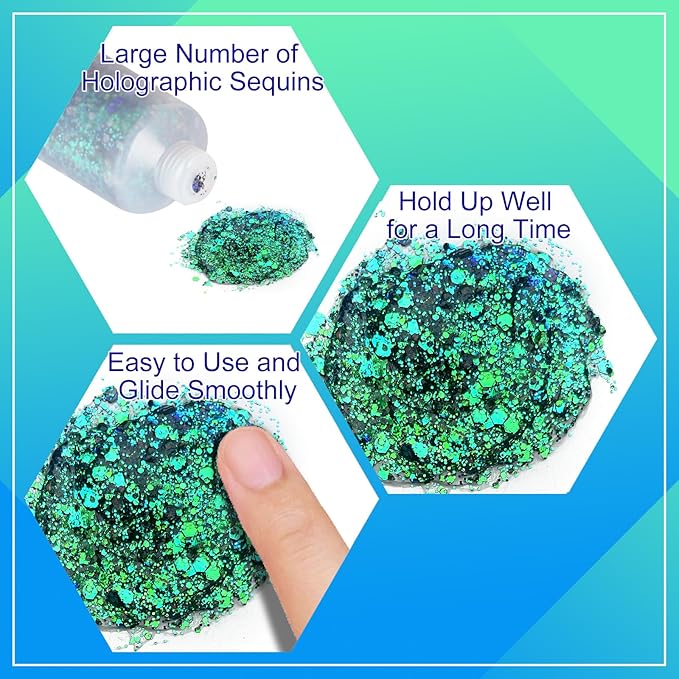MEICOLY Chameleon Green Face Body Glitter,Holographic Self-Adhesive Face Glitter,Color Changing Mermaid Face Glitter,Halloween Glitter Face Paint for Face Body Hair,St Patricks Day Accessories