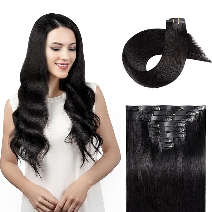 Clip in Hair Extensions Real Human Hair Natural Black Seamless Clip In 100% Remy Hair Extensions PU Skin Weft Add Volume Invisible for Long Straight Hair #1B 20Inch 120G 8PCS