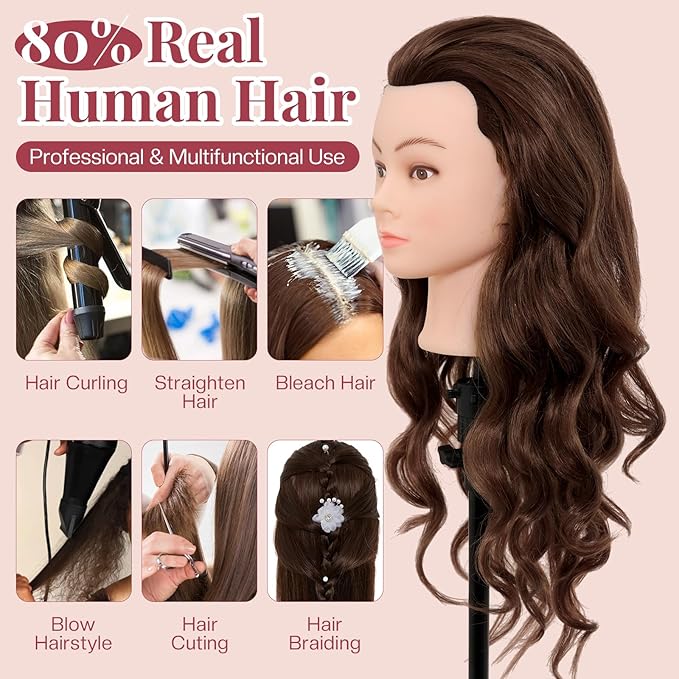 28Inch Mannequin Head Human Hair 60% Real Hair - Mannequin Head Cosmetology with Hair Doll head for hair Styling Braiding Curling, with Table Clamp Styling Set (Dark Brown)