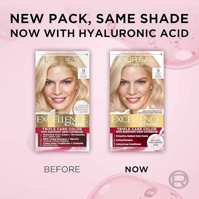 L'Oreal Paris Excellence Crème Permanent Hair Dye, Triple Care Hair Color with Hyaluronic Acid for 100% Gray Coverage, 9 Light Natural Blonde, 1 Kit (Packaging May Vary)