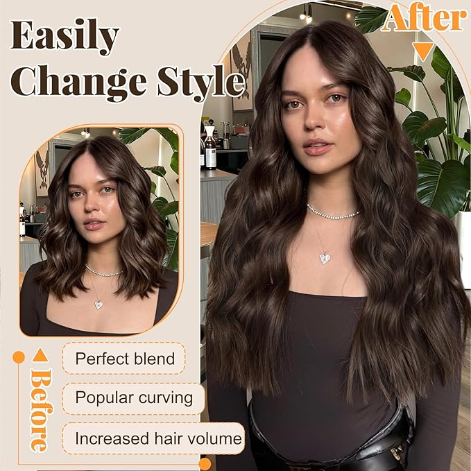 ALXNAN Clip in Long Wavy Synthetic Hair Extension 24 Inch Deep Chocolate Brown with Reddish Brown Highlights 4PCS Thick Hairpieces Fiber Double Weft Hair for Women