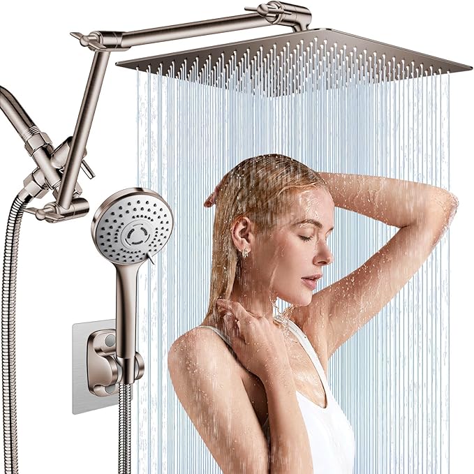 12'' Rain Shower Head Combo, High Pressure Rainfall Shower Head with 16'' Flexible Height/Angle Adjustable Extension Arm, 5 Setting Spray Hand held Shower Head, Nickel