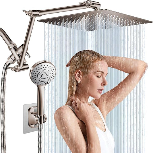 12'' Rain Shower Head Combo, High Pressure Rainfall Shower Head with 16'' Flexible Height/Angle Adjustable Extension Arm, 5 Setting Spray Hand held Shower Head, Nickel