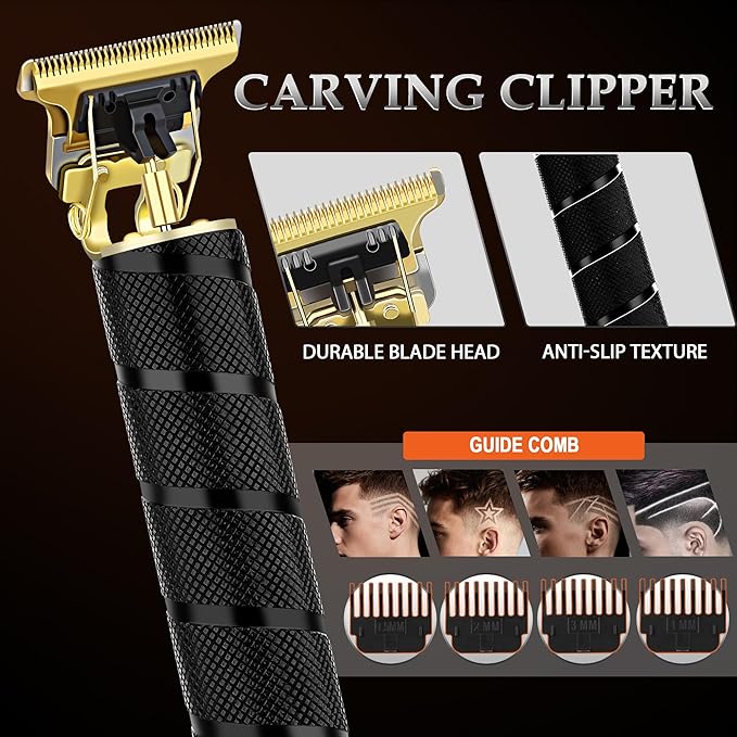 3-in-1 Barber Kit, Professional Hair Clipper, T-Blade Trimmer & Foil Shaver Set, Long-Lasting Battery, LED Display, Cordless Rechargeable Hair Cutting Tools for Men, Gold, Home-use, Gifts for Men