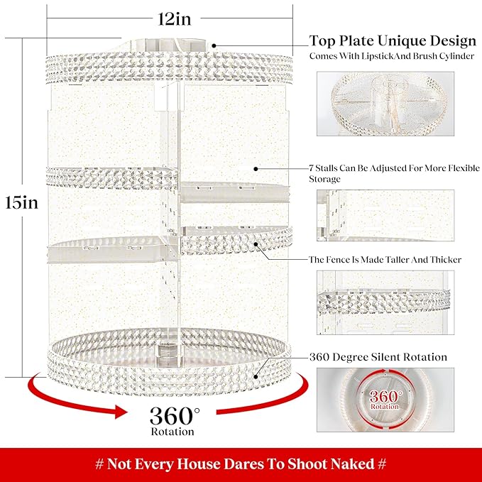 Large Makeup Organizer 360 Degree Rotating, Makeup Storage Organizer, Cosmetic Organizer Gold, 7 Layers Large Capacity Cosmetic Storage, Fits Makeup Brushes, Lipsticks, Bathroom, Gold