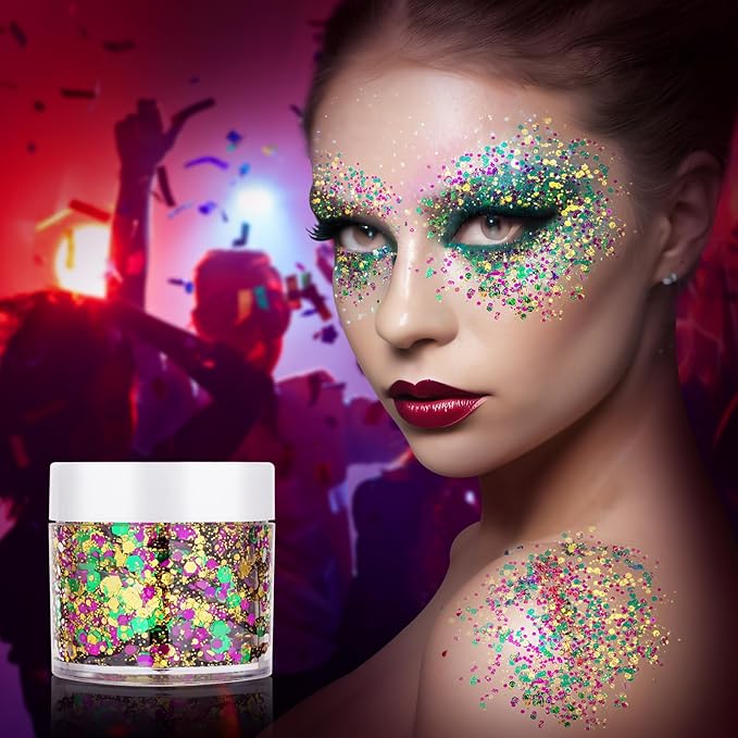 Mardi Gras Gold Hair Face Glitter,Mardi Gras Outfit for Women,Green Purple Gold Mixed Holographic Self-Adhesive Body Glitter,Festival Chunky Sequins Carnival Costume New Orleans Decorations