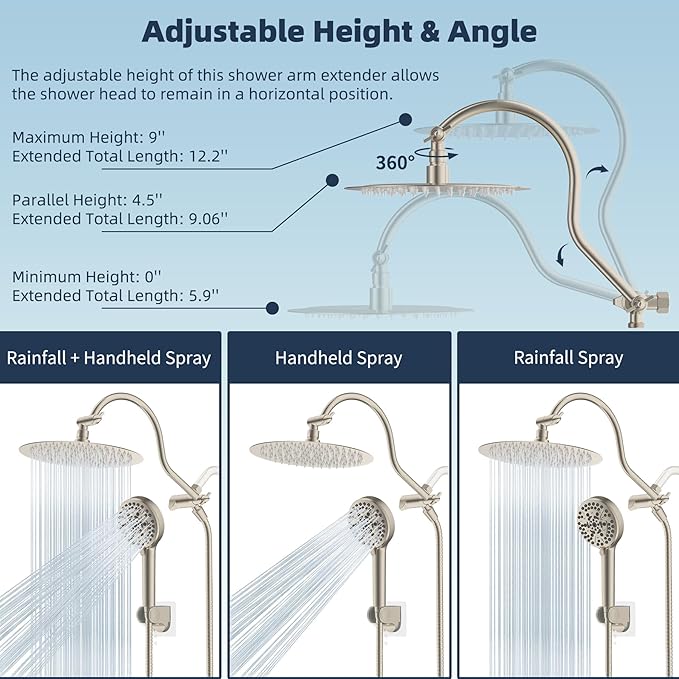 Hibbent All Metal CUPC Certified Shower Head, 10'' High Pressure Rainfall Shower Head, Handheld Showerhead Combo with 12'' Adjustable Extension Arm, 10-Spray, 71'' Hose, Shower Holder, Brushed Nickel