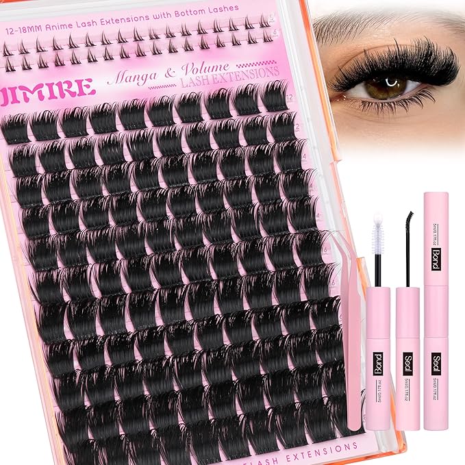JIMIRE Lash Clusters Kit 12-18MM D Curly Lash Extension Kit Volume Cluster Eyelash Extension Kit with Lash Bond and Seal Spiky Volume Eyelash Clusters with Bottom Lash Clusters