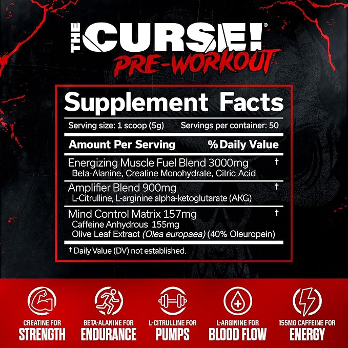 JNX SPORTS The Curse! Pre Workout Powder for Men & Women, Caffeine, Beta-Alanine, Creatine, L-Citrulline, 50 Servings, Sour Candy Flavor – Boost Energy, Strength & Focus