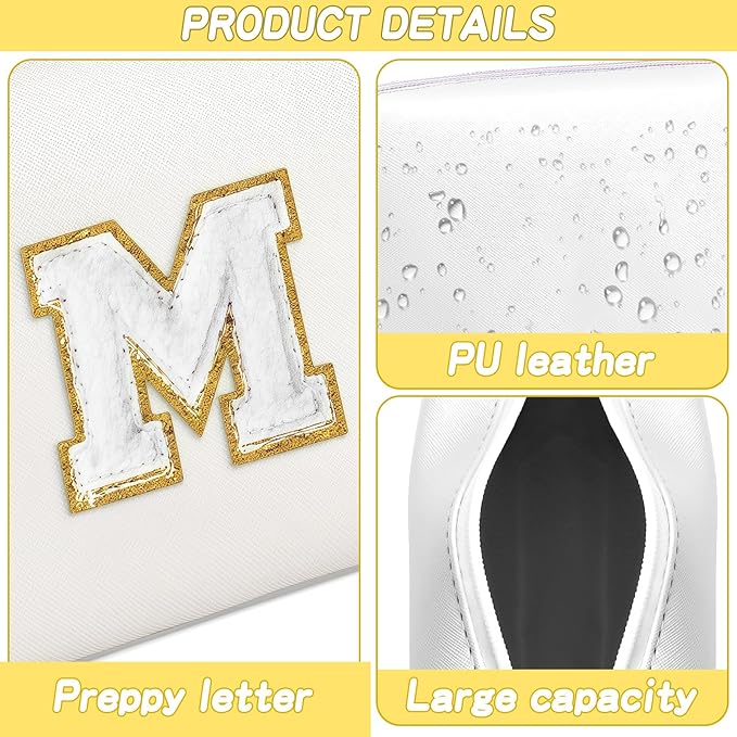 URSKYTOUS Gifts for Girls Initial Makeup Bag Personalized Cosmetic Bag with Zipper Cute Travel Toiletry Bags Waterproof PU Preppy Makeup Pouch Birthday Gift for Teen Girls Women(White M)