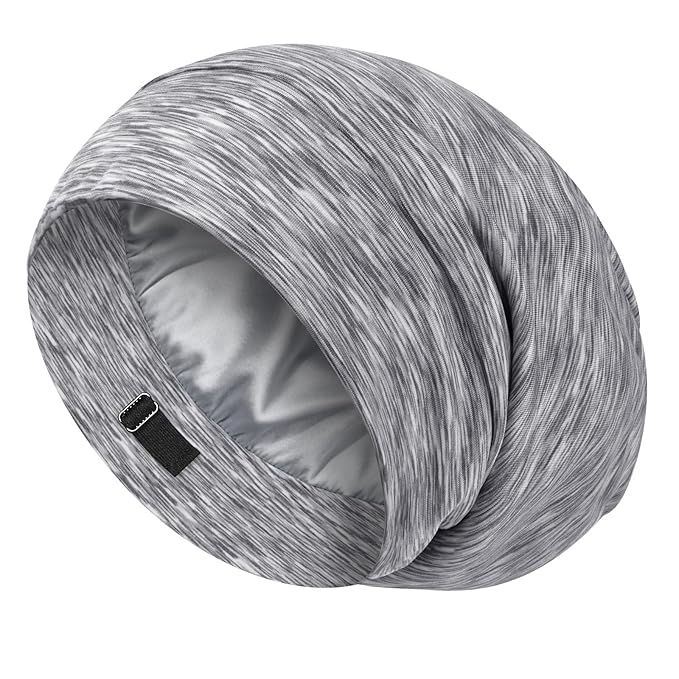LULUSILK 100% Mulberry Silk Lined Sleep Cap, Adjustable Silk Hair Wrap for Sleeping, Assorted Color Light Grey