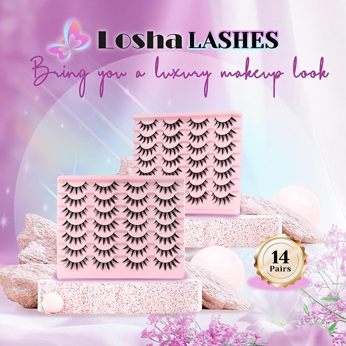 Losha Lashes Spiky Manga Lashes 14 Pairs Anime False Eyelashes Natural Wispy Eye Lashes Pack Soft Asian Fake Eyelashes (Fairy Only)