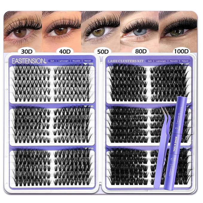 DIY Lash Clusters Kit Pre Mapped 30-100D Volume Eyelash Extension Kit 8-16mm Thick Individual Lashes 530 pcs with Lash Bond and Seal, Lash Tweezers, Super Thin Band Eyelashes