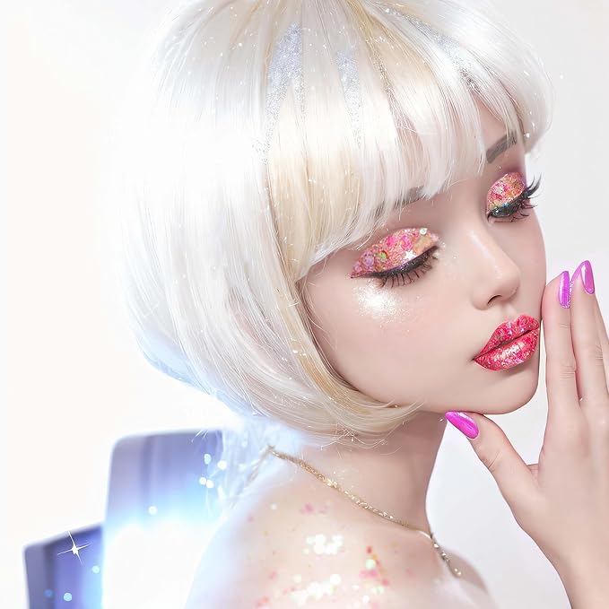 MEICOLY Pink Face Body Glitter,Holographic Sparkly Hair Glitter,Pink Accessories for Spirit Week,Singer Concerts Lover Heart Halloween Glitter Makeup,Self-Adhesive Mermaid Glitter Face Paint