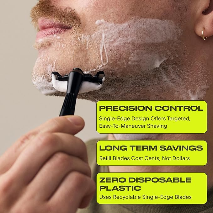 Leaf Thorn Razor by Leaf Shave, All-Metal Single Blade Razor for Men and Women, Fixed Head with Magnetic Load Assist, Includes 5 Stainless Steel Blades - Face Shaving and Coarser Hair - Black