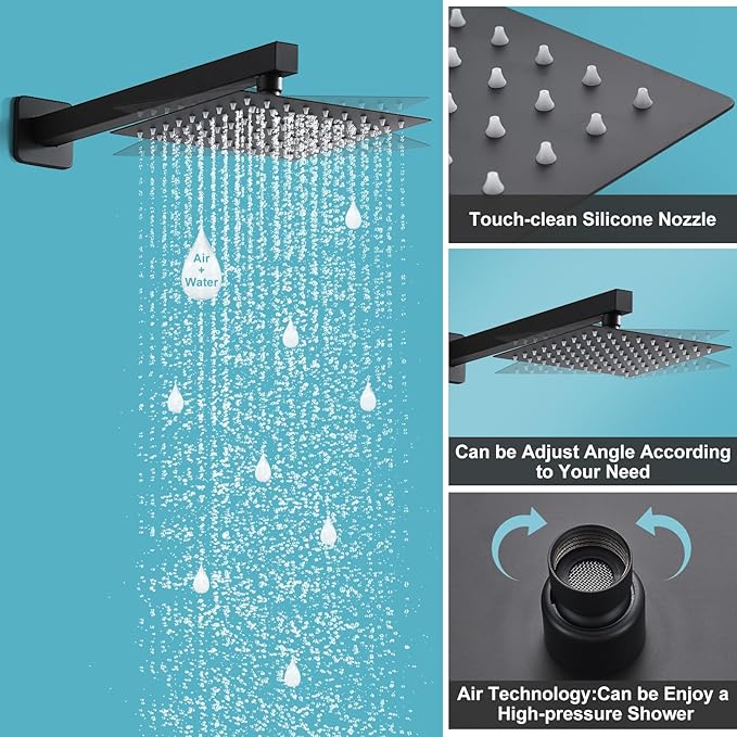 RTTWYYUU Matte Black Shower Head and Handle Set 8 Inch, Rain Shower Head with 2 Hooks, Luxury Rain Shower Set Square Wall Mount for Bathroom with Rain Shower and Handheld Shower System