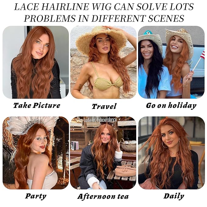 AISI HAIR Auburn Wigs for Women, Long Wavy Lace Hairline Middle Part Synthetic Heat Resistant Wig for Daily Party-26 Inch