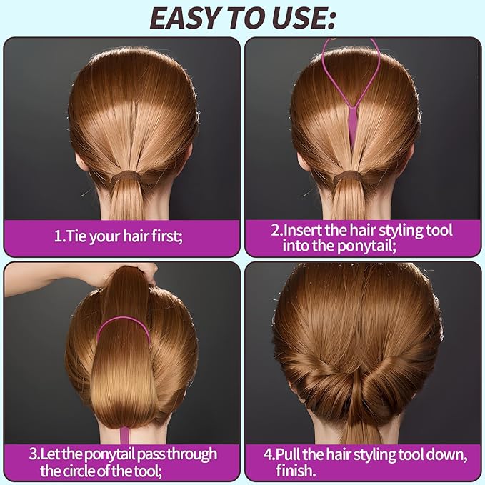 Teenitor 4pcs Pony Hair Tail Accessories, 2 Pairs French Braiding Tool, Turvy Styling Tool for Women Girls, Ponytail Pull Through Tool Purple/Blue