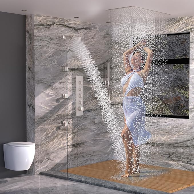 HOMEDEC Full Body Shower System with Dual Shower Heads, 6pcs Body Jets with 15.7x31.5" Rainfall and 6" Showerheads, Brushed Nickel