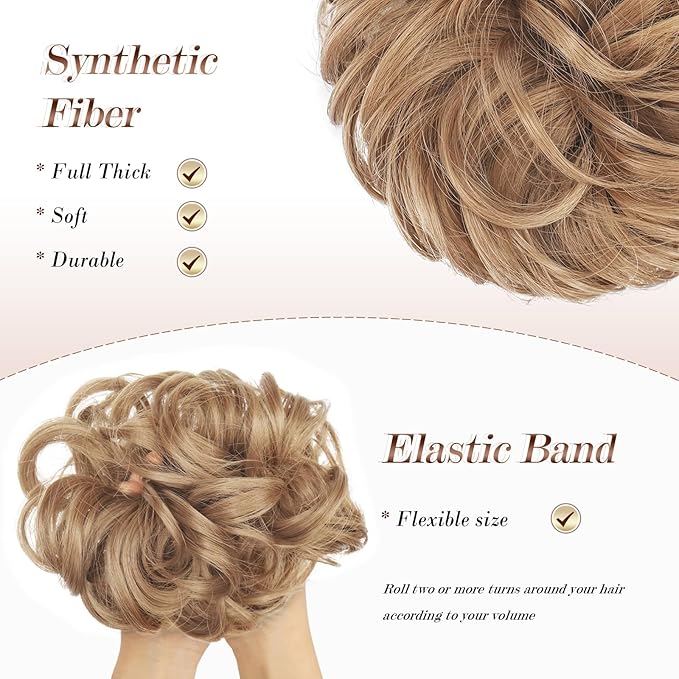 FESHFEN Messy Bun Hair Piece - Wavy Synthetic Chignon Scrunchies for Instant Volume, Elastic Bun Ponytail Hair Extensions Thick Hairpieces for Women, Strawberry Blonde 1.50 oz