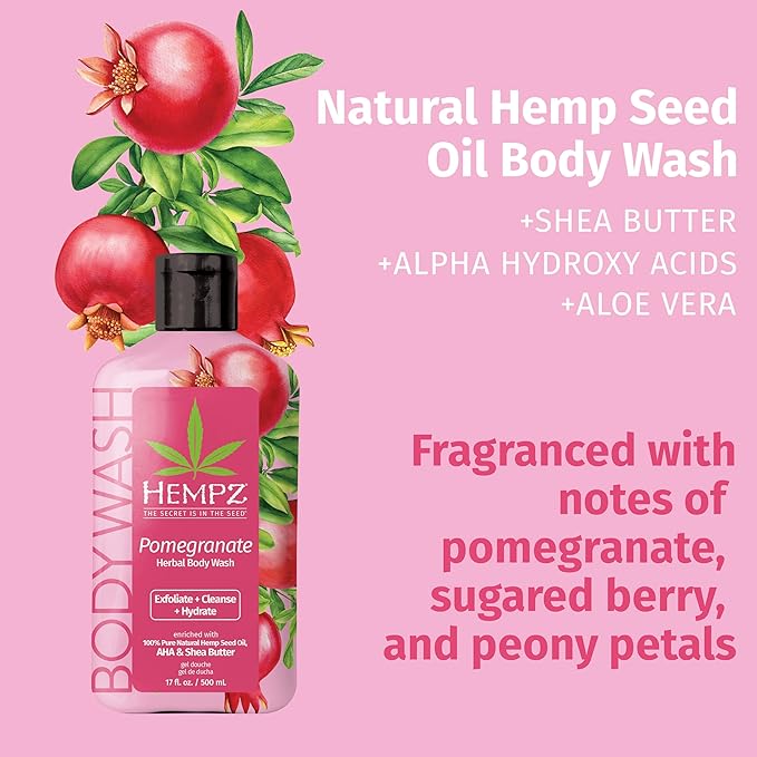 Hempz Body Wash - Pomegranate - Hydrating for Sensitive Skin, Scented, Exfoliating with Shea Butter, Pure Hemp Seed Oil, and Algae for Sensitive Skin - 17 fl oz