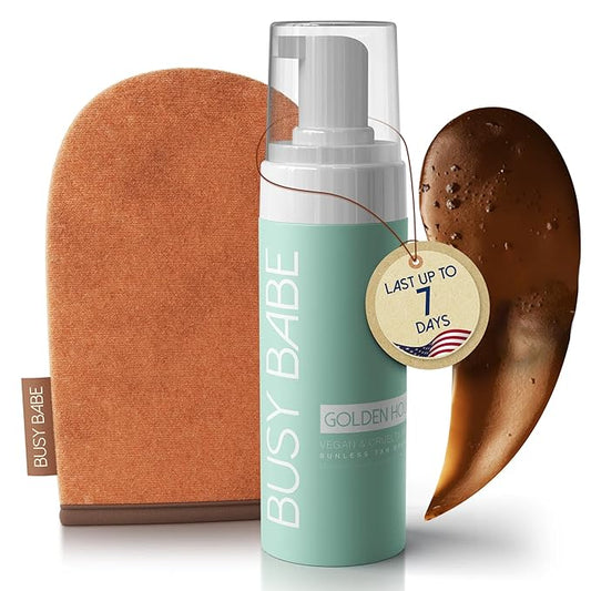 Busy Babe Golder Hour Tanning Mousse Self Tanner With Mitt - Achieve a Gorgeous, Flawless Tan, Sun-Kissed Glow for All Skin Types and Tones, Sunless Tanning Mousse for Undertone (DARK BRONZE 200ml)