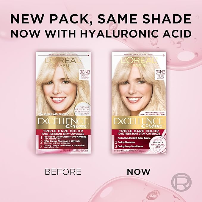L'Oreal Paris Excellence Crème Permanent Hair Dye, Triple Care Hair Color with Hyaluronic Acid for 100% Gray Coverage, 9.5NB Lightest Natural Blonde, 1 Kit (Packaging May Vary)