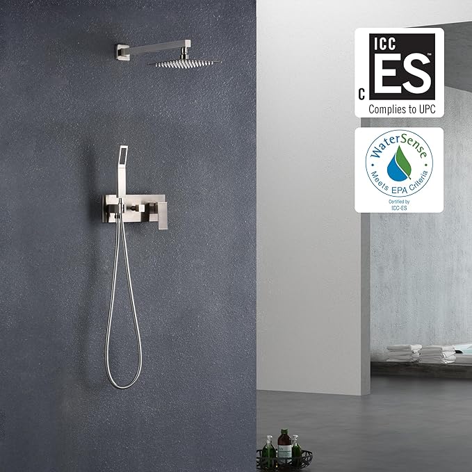 SUMERAIN Brushed Nickel Rain Shower System with Handheld Shower, Pressure Balance Shower Head System with Rough in Valve