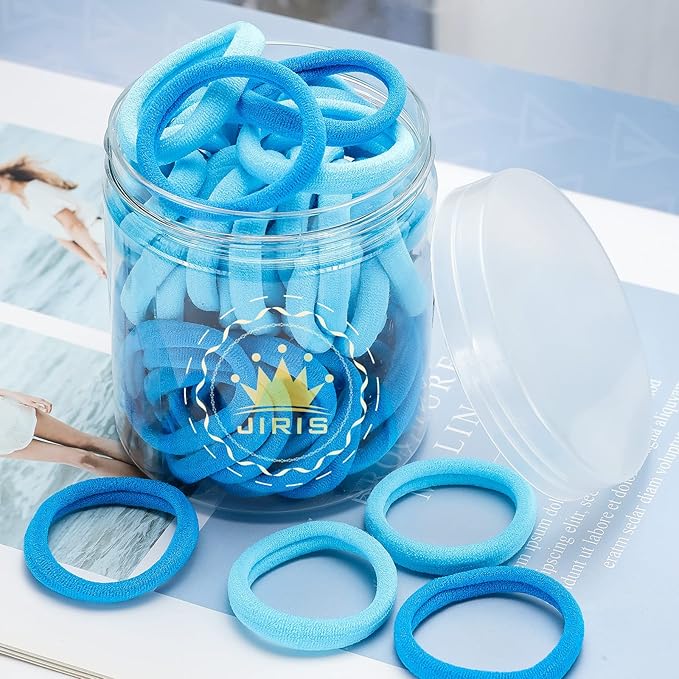 50Pcs Hair Ties for Women Girls,Cotton Seamless Hair Ties, Soft Ponytail Holders,No Crease No Damage Elastics Hair Bands with Box for Thick Heavy and Curly Hair (Blue)