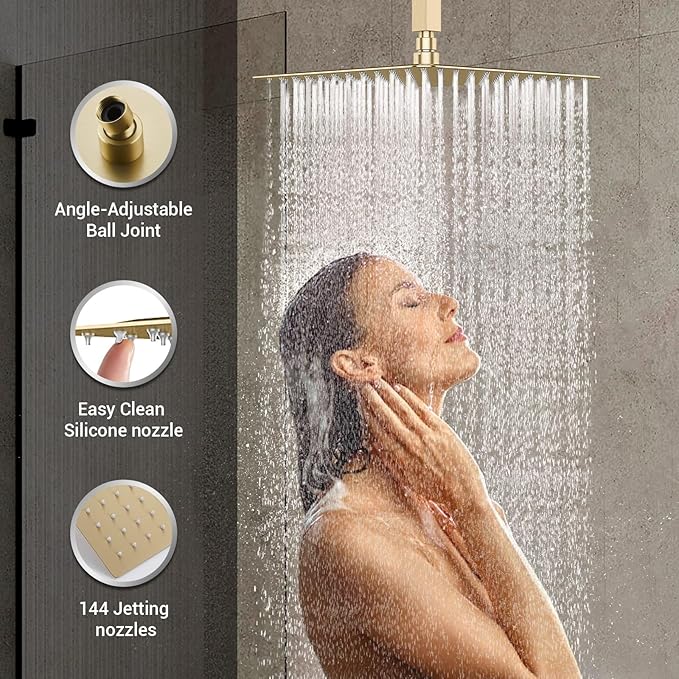 DASAN Full Body Shower System with 6 PCS Body Spray Jets & 12'' Rain Shower Head & Handheld, Ceiling Mount Rain Shower System Brushed Gold Shower Faucets Sets Complete with Valve, SA-SS03ABG-S12C