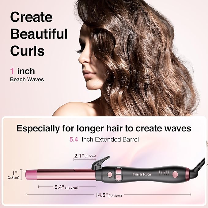 Rotating Curling Iron 1 Inch, Automatic Extra-Long Barrel Curling Iron with 30s Fast Heating for Beginners Long Hair Lasting Waves, Adjustable Temperature, Universal Voltage for Travel, Rose Gold