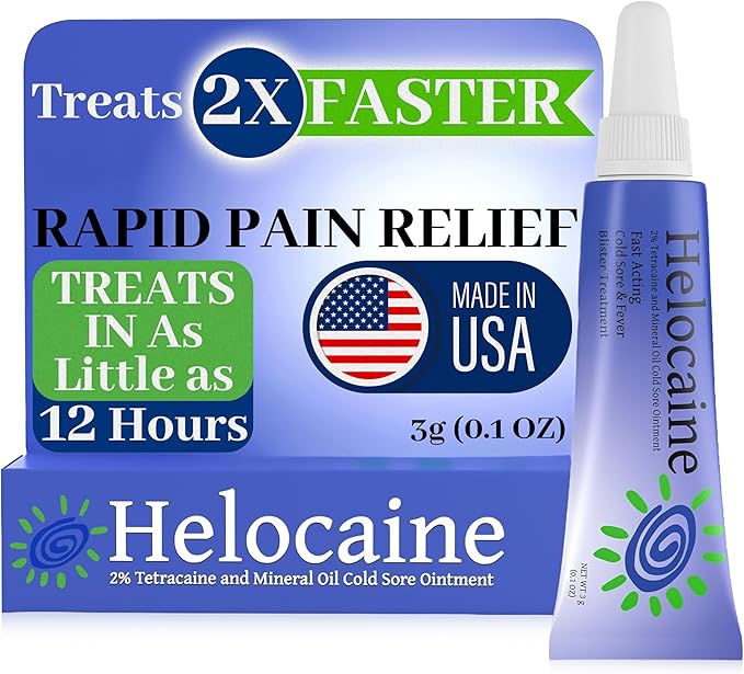 Helocaine Fast Acting Cold Sore Canker Sore Treatment for Lips & Inside Mouth, Oral and Topical Rapid Pain Relief Over-The-Counter, 3g, 0.1 oz Tube, 1 Pack