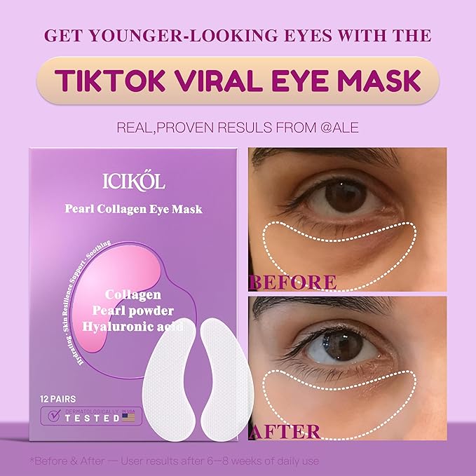 ICIKOL Collagen Under Eye Patches Mask - Undereye Patches for Dark Circles, Puffiness, Wrinkles - Gel Under Eye Patches, Birthday Gifts for Women - Gifts for Women - Vegan (12 Pairs, Pearl Powder)