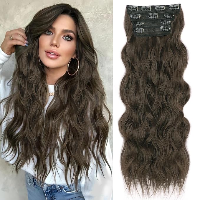 ALXNAN Clip in Long Wavy Synthetic Hair Extension 24 Inch Ash Brown 4PCS Thick Hairpieces Fiber Double Weft Hair for Women