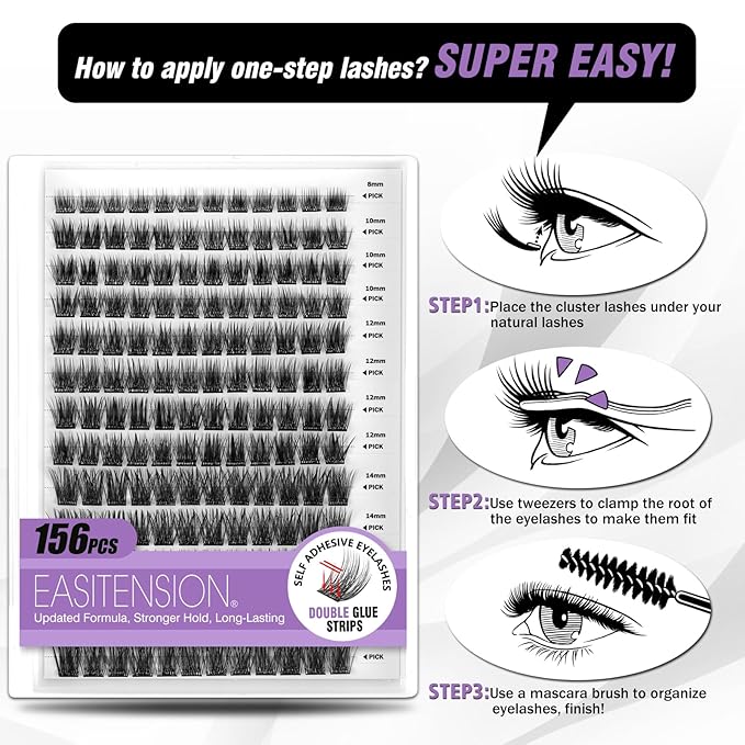 Self Adhesive Eyelashes Upgraded 156 PCS EASITENSION Clusters Kit Lash Clusters DIY Eyelashes Pre Glued Reusable No Glue Needed No Remover No residue, Black