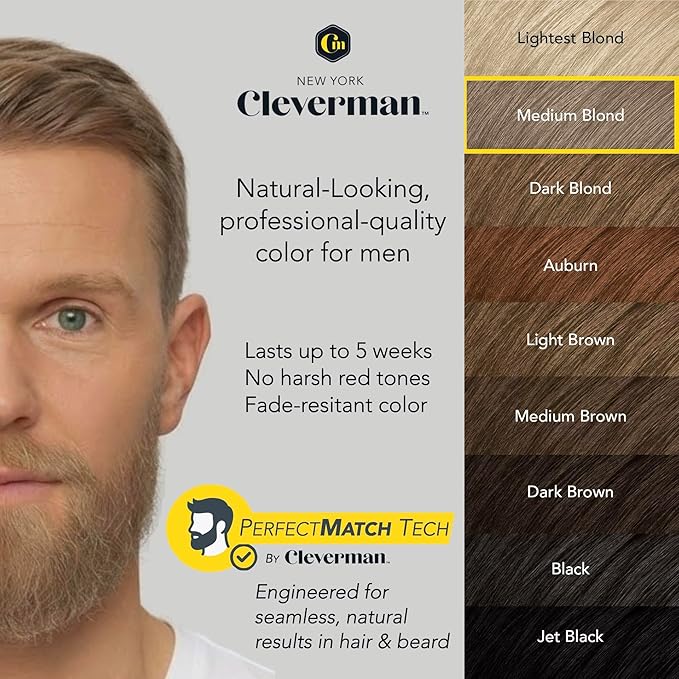 2X Reusable Hair & Beard Dye for Men – Medium Blond | Up to 10 Uses, 7 Minutes | Natural Gray Coverage, No-Drip Cream with SkinArmour® – Cleverman