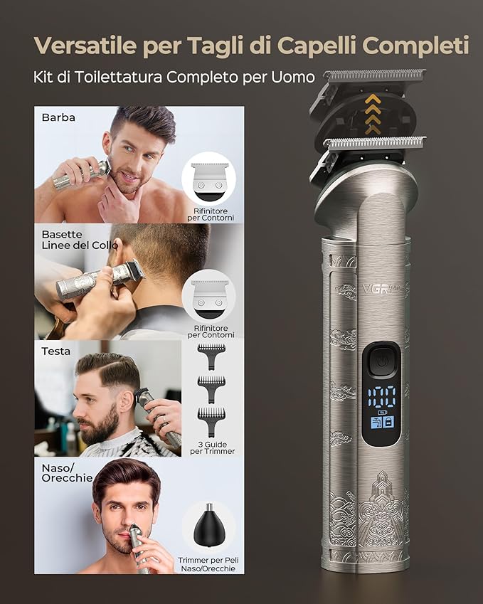 Hair Clipper & Trimmer Set for Men Professional, Waterproof Electric Razor Foil Shaver for Men Face Beard, Cordless for Hair Cutting, 4-Speed Setting, LED Battery Display, Barber or Home Use (Silver)