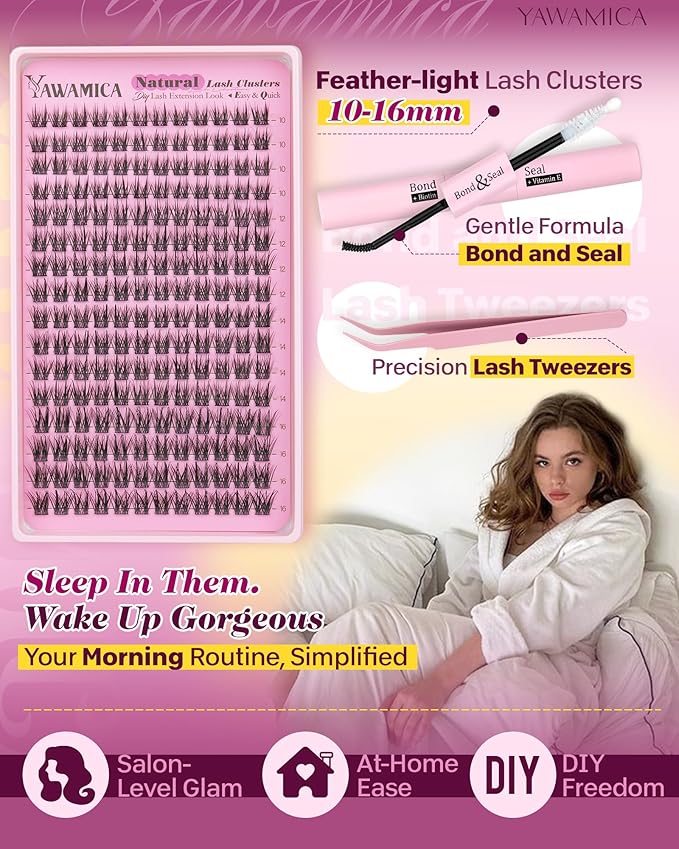Yawamica Wispy Lash Clusters Kit DIY Eyelash Extensions 10-16mm C Curl Individual Cluster Lashes for At-Home Salon Look, Reusable False Eyelashes Clusters with 2-in-1 Bond and Seal & Tweezers