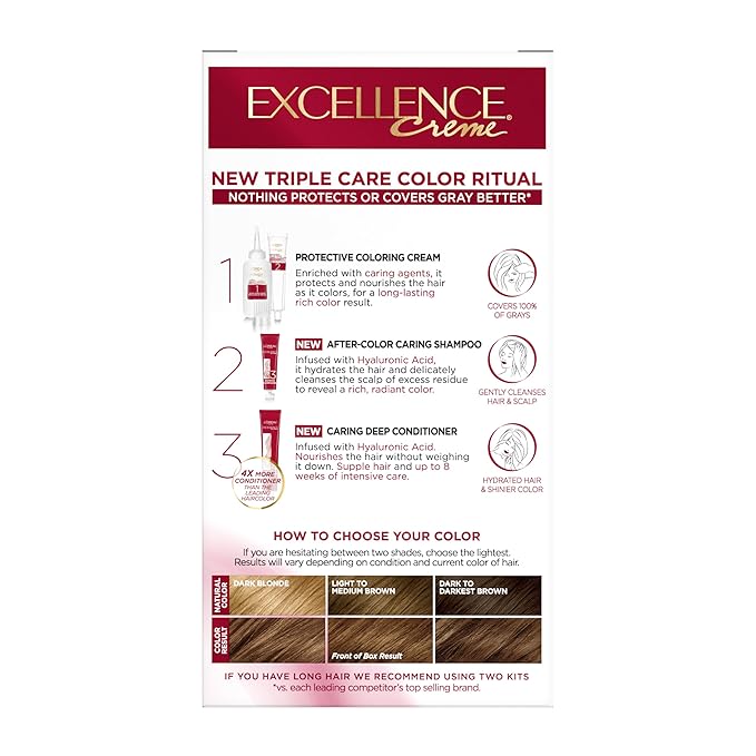 L'Oreal Paris Excellence Crème Permanent Hair Dye, Triple Care Hair Color with Hyaluronic Acid for 100% Gray Coverage, 5G Medium Golden Brown, 1 Kit (Packaging May Vary)
