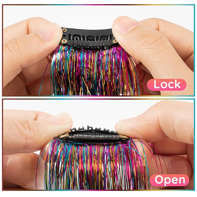 Clip In Tinsel Hair Extensions 14 Colors, 19.7 Inch Glitter Fairy Hair Tinsel Kit Clips, Sparking Hairpieces Colorful Hair Accessories for Girls Women Kids Gift Party Favors Highlights