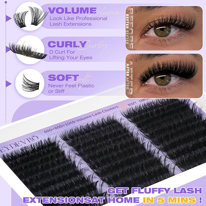 EYDEVRO Lash Clusters Kit 60D80D100D Volume Lash Extension Kit Wispy Cluster Eyelash Extensions Eyelash Extension Kit 10-18mm D Curvature Cluster Lashes with Lash Bond and Seal Tweezers Brushes
