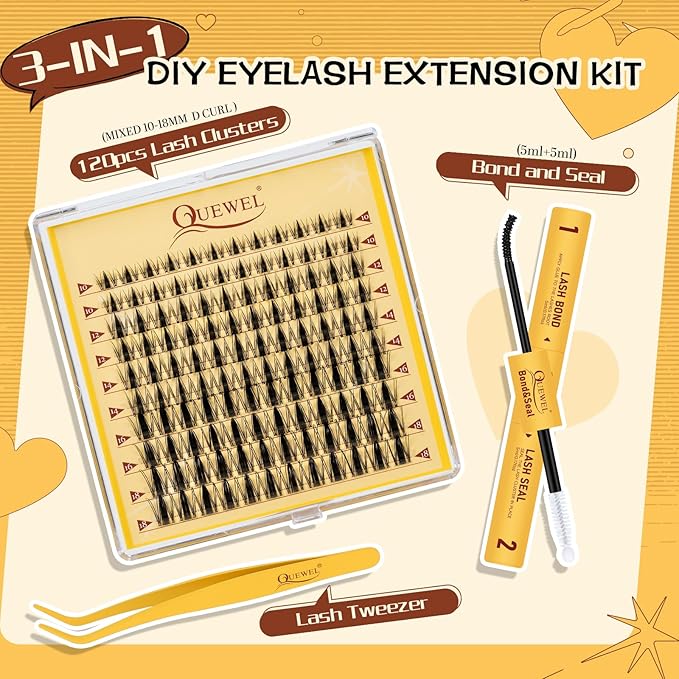 QUEWEL Fairy Lash Clusters Kit, 120pcs Manga Lash Clusters Kit Mix10-18mm Cluster Eyelash Extensions Kit With Lashes Bond and Seal, Lashes Clusters Tweezers for DIY Natural Lashes(FD-Fairy 3 Set)