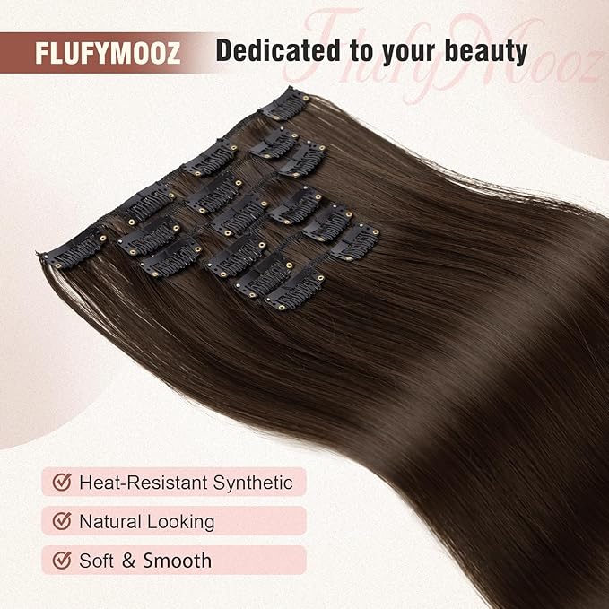 FLUFYMOOZ 6PC Clip in Hair Extensions 24" Straight Long Extensions for Women Synthetic Hairpiece (Chestnut Brown)