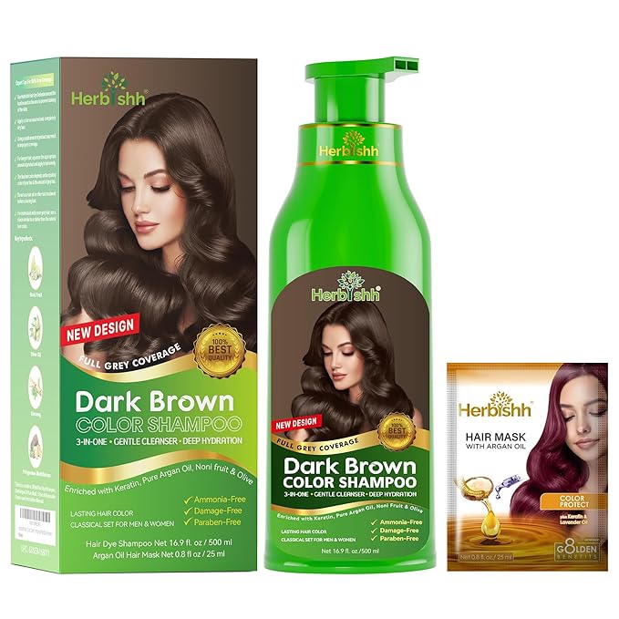 Herbishh Hair Color Shampoo for Gray Hair – Magic Hair Dye Shampoo – Colors Hair in Minutes–Long Lasting–500 Ml–3-In-1 Hair Color for Women & Men –Ammonia-Free (Dark Brown)