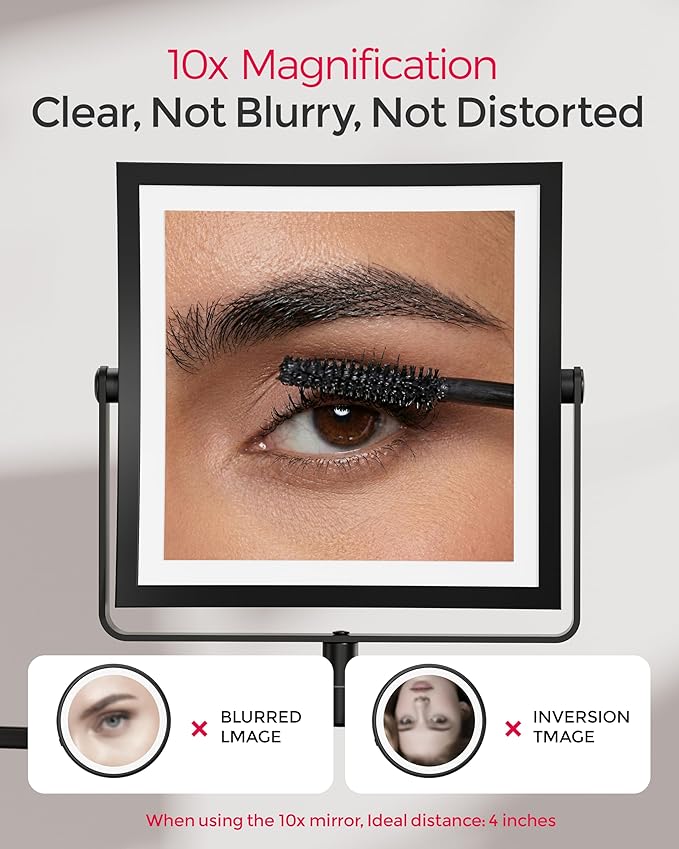 Rechargeable Wall Mounted Makeup Mirror with Lights, 4000mAh Double Sided 1X/10X Magnifying Vanity Mirror with 3 Color Lights, Touch Dimmable, 360° Extension Foldable Arm (Matte Black)