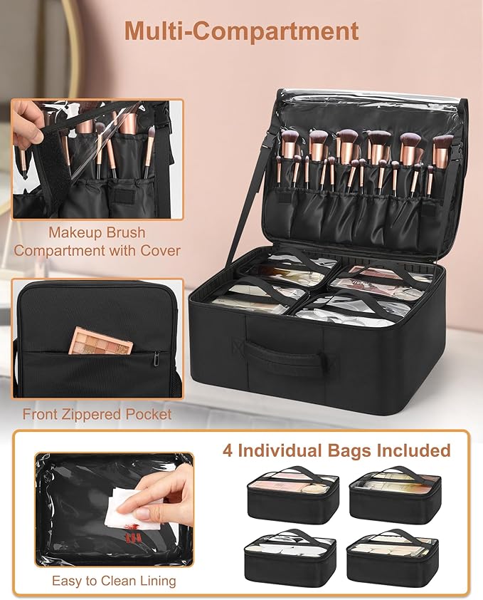 Relavel Makeup Backpack Extra Large Travel Train Case Professional Makeup Artist Kit Set Bag with 8 Clear Bags, Brush Storage Organizer Box with Dividers for Cosmetic Hair Tools Barber Supplies